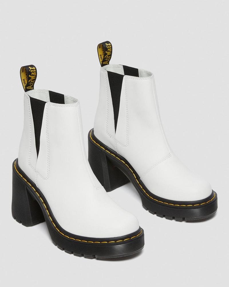 White Women's Dr Martens Spence Leather Flared Heel Heeled Boots | CA 145BEX